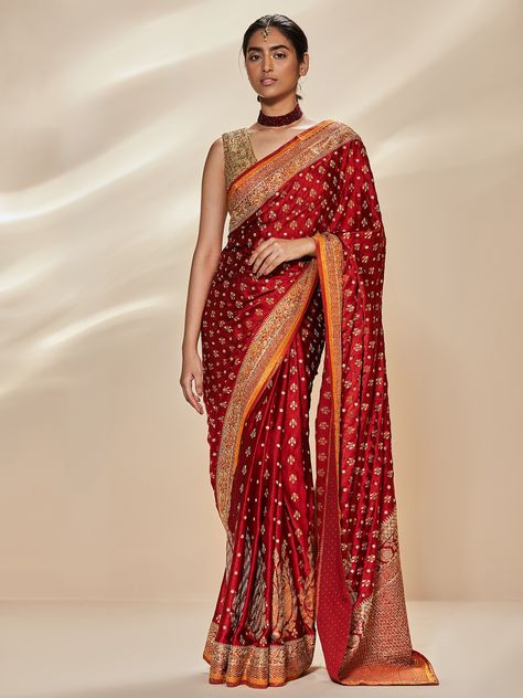 Ritu Kumar Red & Saffron Parampara Zardozi Embroidered Saree With Unstitched Blouse FIT TYPE: LOOSE FITTED USD 6,431 Ritu Kumar Saree, Chinon Saree, Designer Anarkali Suits, Indian Bride Outfits, Ritu Kumar, Designer Anarkali, Embroidered Saree, Satin Saree, Embellished Blouse