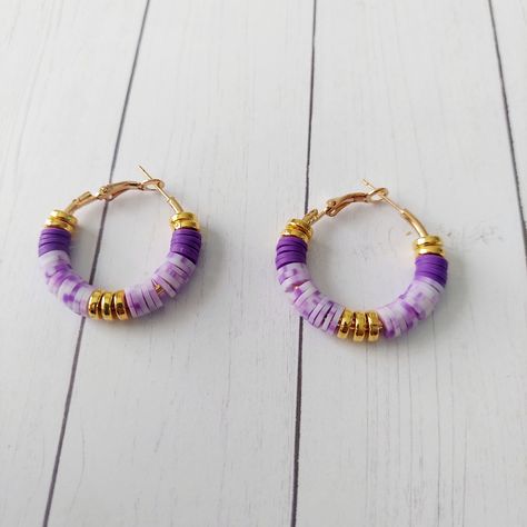 Handmade Heishi Clay Bead Purple Gold Hoop Earrings Hoop Size 1.18in/3cm Color Mix Of Purple, Purple Speckled And Gold Beads Homemade Beaded Earrings, Clay Bead Earrings Ideas, Clay Beads Earrings, Clay Bead Earrings, Perle Plate, Dreamy Jewelry, Heishi Jewelry, Rasta Earrings, Hoop Earrings Diy