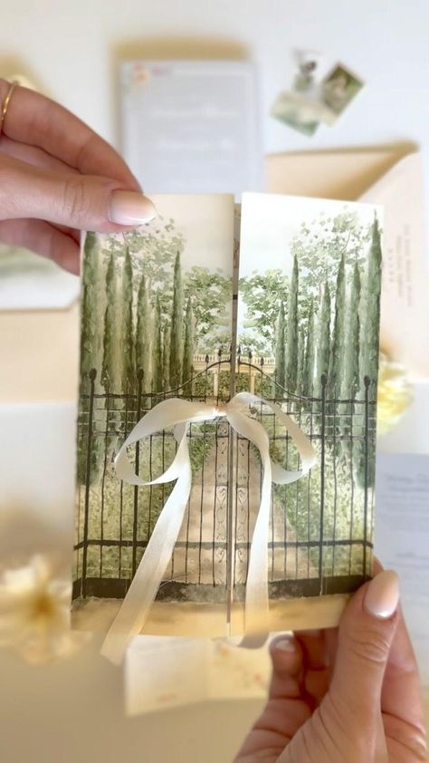 Inspired by Pride and Prejudice, we created a gatefold invitation design that showcases an impressionistic watercolor rendering of the Garden Italianate where the ceremony will be held for Robyn and Max’s wedding. For the envelope liner, we featured Villa Montalvo’s beautiful venue. The *chef’s kiss* is the custom die cut shape reminiscent of the Regency Era, used to invite recipients to a Night of Music to kick off the wedding weekend. Wedding Envelopes Design, Gatefold Invitation, Watercolor Rendering, Rustic Wedding Cards, Wedding Card Frames, Dream Wedding Decorations, Flower Graphic Design, Marriage Invitations, Formal Wedding Invitations