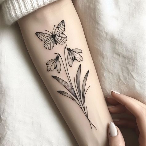 Snowdrop Flower & Butterfly Tattoo: January Birth Flower Symbolizing Hope Violet Tattoo Fine Line, Snowdrop Tattoo Design, Snow Drop Tattoo, Snow Drop Flower Tattoo, Snowdrop Flower Tattoo, January Birth Flower Tattoo, Flower Butterfly Tattoo, Snow Drops Flowers, Name Flower Tattoo