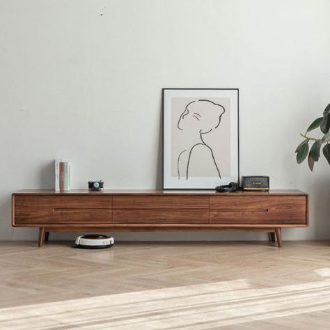 POT HALL 82.68'' Media Console | Wayfair Walnut Tv Cabinet, Retro Tv Stand, Credenza Wood, Walnut Tv Stand, Minimalistic Interior, Solid Wood Tv Stand, Wood Tv, Rectangle Dining Table, Storage Credenza