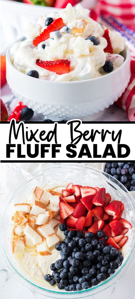 Easy Berry Cheesecake Fluff (sometimes called "fluff salad") is loaded with cream cheese, homemade whipped cream, fresh berries, and chunks of angel food cake. It is full of cheesecake flavor, takes only minutes to prepare, and is a hit at any party! The red, white & blue colors make it perfect for Memorial Day, 4th of July, or any patriotic party! | www.persnicketyplates.com Fourth Of July Angel Food Cake Dessert, Angel Food Cake Salad, Angel Food Desserts, Berry Fluff Salad, Berry Cheesecake Fluff, Fluffy Salad, Berry Fluff, Baking Night, Cream Cheese Homemade