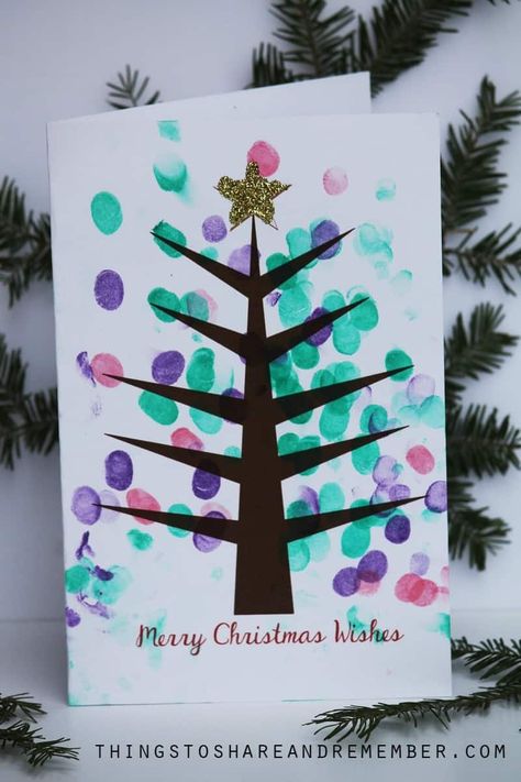 Fingerprint Christmas Tree, Christmas Cards Handmade Kids, Fingerprint Christmas, Christmas Card Ideas, Christmas Tree Card, Christmas Cards Kids, Christmas Kindergarten, Christmas Card Art, Merry Christmas Wishes