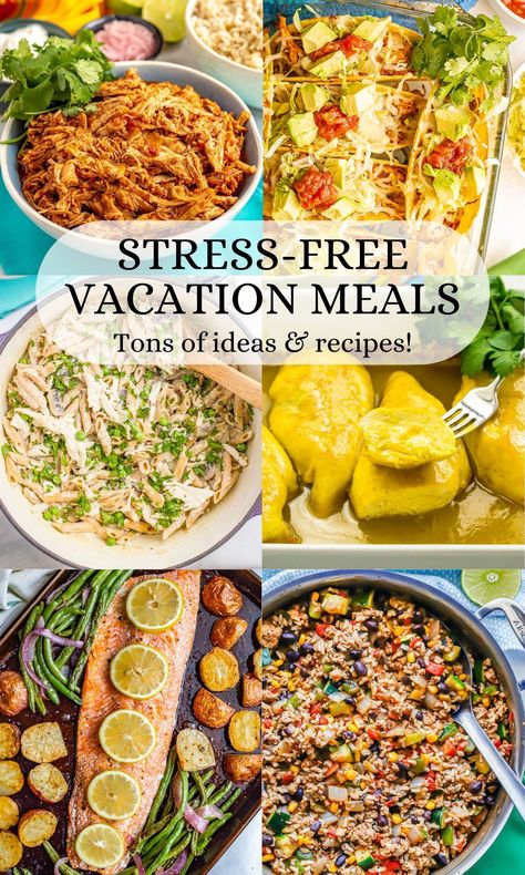 This collection of easy vacation meals - including ideas and recipes - will help you plan and enjoy delicious, fuss-free, family friendly meals that require minimal ingredients and zero stress. Fourth Of July Food Ideas, Family Vacation Meals, Food Ideas For A Crowd, Patriotic Party Ideas, Beach Vacation Meals, Easy Vacation Meals, Vacation Meal Planning, July Food Ideas, Slow Cooker Bbq Chicken