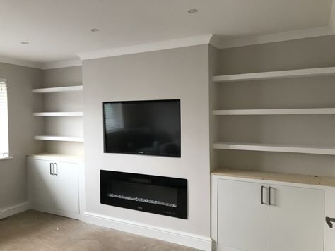 Media Wall With Storage, Wall With Storage, Lounge Room Styling, Fireplace Bookshelves, Sitting Room Decor, Feature Wall Living Room, New House Living Room, Living Room Wall Units, Family Room Makeover