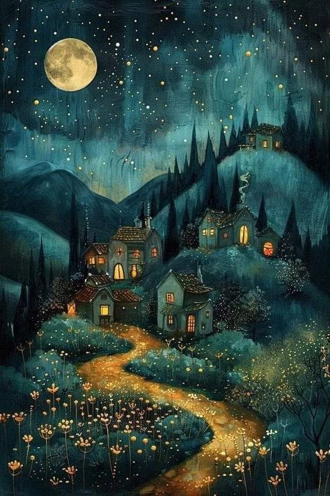 Painting Ideas For Two People, Night Scene Illustration, Moon Illustration Aesthetic, Moon Scenery Drawing, Fairytale Wallpaper Aesthetic, How To Paint Light, Cozy Art Aesthetic, Christmas Star Painting, Astrology Art Illustration