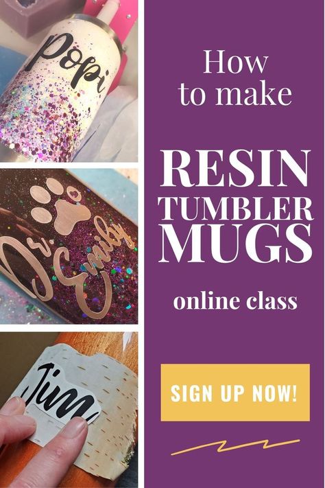 How to Make Resin Tumbler Mugs / DIY Glitter Mugs. Sign up for this online class and learn everything you'll need to learn to make beautiful custom DIY resin tumbler mugs. Also learn how to do printed decals, and work with mica powder colors too! Perfect for making DIY Christmas Gifts for friends and family, to sell, or just make to pamper yourself! <3 Bonus waste minimizing tutorial for DIY silicone molds included, so you can use your extra resin to make ladybugs, fairy doors and more!