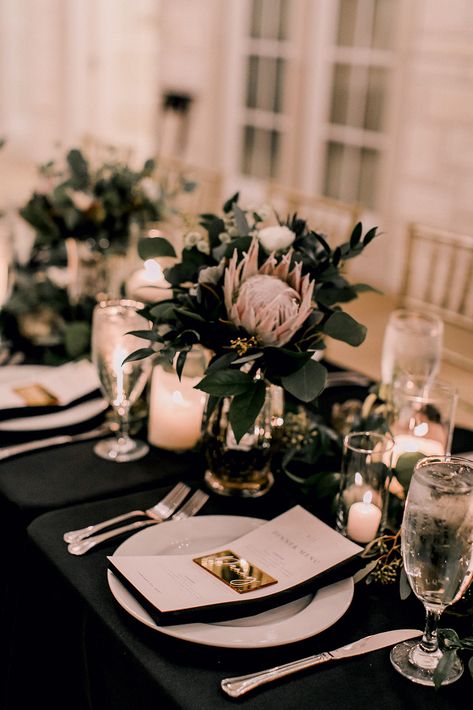 The Olana, Gold Wedding Centerpieces, 2024 Party, Reception Table Settings, Black Tablecloth, Greenery Centerpiece, Head Tables, Prom 2024, Bridesmaid Bouquets