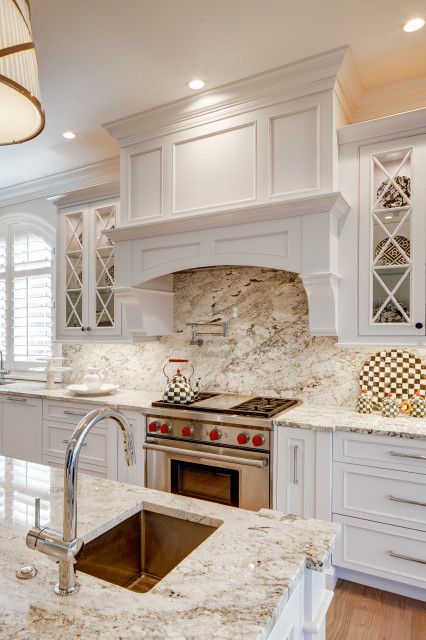 North Bethesda Renovation - Transitional - Kitchen - DC Metro - by MSTUDIO, LLC | Houzz Top Kitchen Trends Farmhouse, Traditional Kitchen Hood Design, Tray Kitchen Ceiling, Decorative Kitchen Hoods, Oven Ranges And Hoods, Undermount Rangehood Cabinet Ideas, Mantle Style Range Hood, Beautiful Kitchen Range Hoods, Kitchen Ranges And Hoods