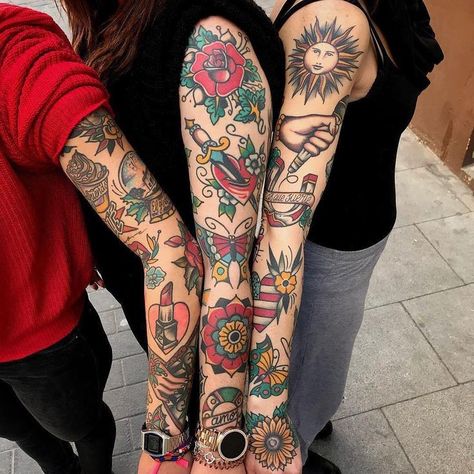 Old School Tattoo Sleeve, Tatuaje Trash Polka, American Traditional Sleeve, Traditional Tattoo Woman, Tattoos Traditional, Traditional Tattoo Inspiration, Traditional Style Tattoo, Women Tattoos, Traditional Tattoo Sleeve