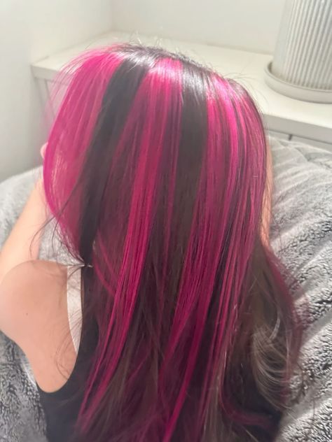 Pink Blue Black Hair, Dark Hot Pink Hair, Black Blonde Pink Hair, Em Ma Hair, Pink Hair With Purple Highlights, Dark Hair Pink Highlights, Skunk Hair Pink, Pink Strips In Hair, Black And Pink Hair Ideas