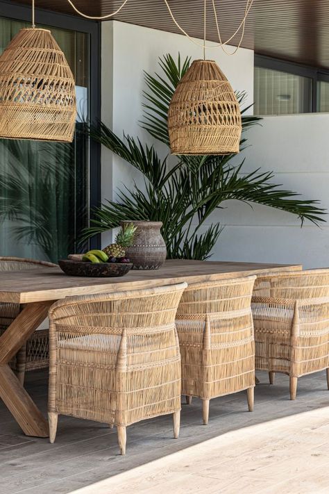 Introducing our Borneo Outdoor Table. Perfect for alfresco dining and gatherings, this table combines robust design with natural beauty. Recycled Wood Table, Organic Chair, Pendant Light Cord, Wicker Pendant Light, Outdoor Dining Area, Beautiful Lighting, Menorca, Light Shade, Recycled Wood