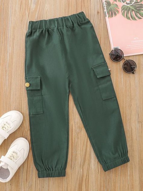 Army Green Casual Cotton Plain Cargo Pants Slight Stretch Spring/Summer/Fall Toddler Girls Clothing Kids Cargo Pants, Flap Pocket Cargo Pants, Celana Kargo, Pocket Cargo Pants, Dress Design Drawing, Toddler Fall, Pants Women Fashion