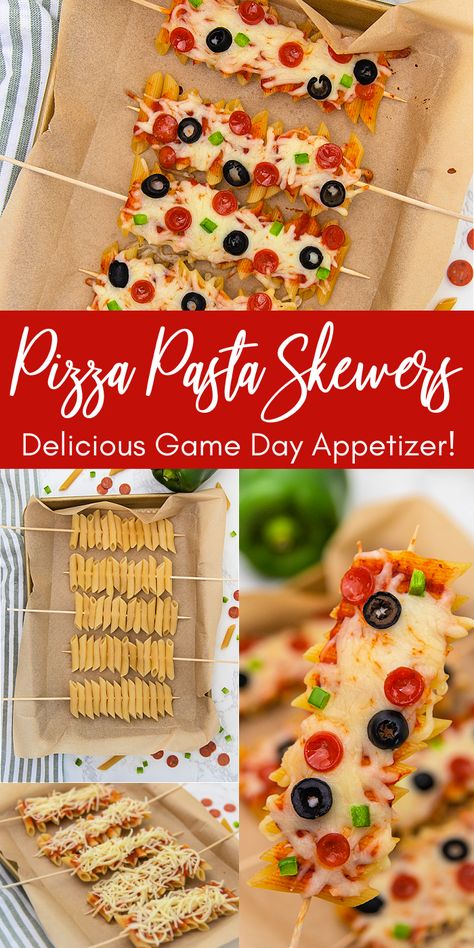 Pizza Pasta Skewers Game Day Appetizer Idea - Passion For Savings Pasta Skewers, Football Themed Desserts, Homemade Pizza Night, Awesome Appetizers, Skewer Appetizers, Pizza Fries, Game Day Appetizers, Themed Desserts, Game Day Snacks