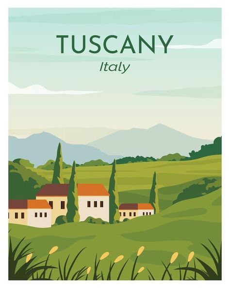 Flat Design Illustration Landscape, Tuscany Illustration, Ted Harrison, Flat Design Poster, Italy Illustration, Tuscan Landscape, Tuscany Landscape, Wanderlust Decor, Italy Pictures