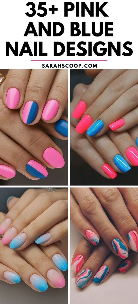 These nail designs are perfect for those who love to play with color! Ranging from soft pastels to vibrant hues, there are over 35 options for any style. 💅🏼💘💙 #NailArt #PinkAndBlueNails Pink Blue Gel Nails, Navy Blue And Pink Nail Ideas, Pink N Blue Nails, Pink And Blue Almond Nails, Pink And Blue Nails Design, Blue Pink Nails, Blue And Pink Nails, Pink And Blue Nails, Bumble Bee Nails