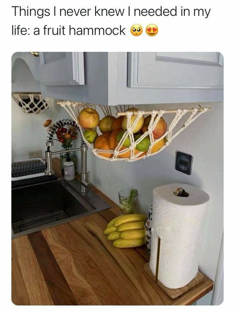 Functional Macrame, Macrame Fruit Hammock, Fruit Hammock, Hanging Fruit Basket, Under Cabinet Storage, Macrame Inspiration, Storing Fruit, Hanging Fruit Baskets, Rental Kitchen