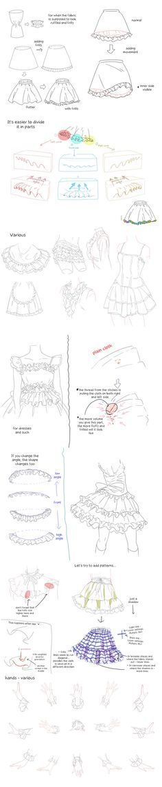 Puffy Dress Reference Drawing, Puffy Skirt Drawing Reference, How To Draw Frills And Ruffles, How To Draw Dress Ruffles, How To Draw Puffy Skirts, Frilly Dress Drawing, Skirt Movement Reference, Frilly Dress Drawing Reference, Frill Tutorial