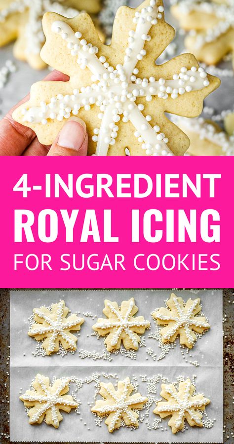 Easy Royal Icing Recipe For Sugar Cookies -- this easy royal icing is SO ridiculously simple to make! No egg whites, no meringue powder, just 4 simple ingredients whipped up with a hand or stand mixer. Get to decorating cookies with your kids with less mess and fuss... | royal icing without meringue powder | royal icing cookies | easy royal icing | royal icing directions | how to make royal icing | royal icing with corn syrup | #royalicing #sugarcookies #easyrecipe #christmascookies #christmas Icing Recipe For Sugar Cookies, Meringue Powder Royal Icing, Icing For Sugar Cookies, Recipe For Sugar Cookies, Easy Royal Icing, Best Royal Icing Recipe, Royal Frosting, Frosting Buttercream, Easy Royal Icing Recipe