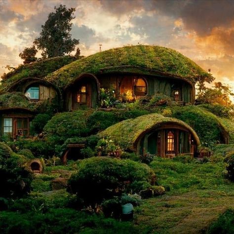 Hobbithole Hobbit Houses, Round Roof House, Rounded House Architecture, Hobbit House Lord Of The Rings, Lord Of The Rings Hobbit House, Hobbit House Concept Art, Hobbit House Exterior, Hobbit Style House, Mossy Houses