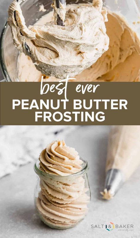 This peanut butter frosting is light, fluffy and has a deliciously rich peanut butter flavor. It's perfect for piping on cupcakes, cookies or cakes! Easy Peanut Butter Frosting, Peanut Butter Frosting Easy, Peanut Butter Cream Cheese Frosting, Butter Frosting Recipe, Peanut Butter Frosting Recipe, Frosting Ideas, Peanut Butter Icing, Butter Cream Cheese Frosting, Icing Recipes