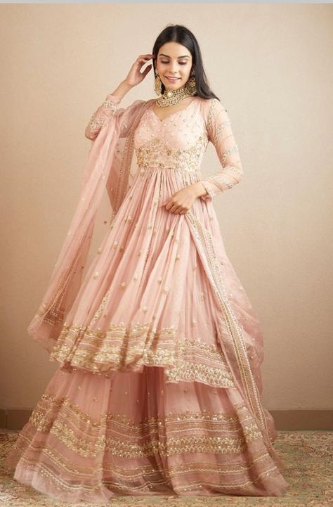 Pink Dress Outfit Wedding Guest, Pink Dress Outfit Wedding, Anarkali With Sharara, Organza Anarkali, Pink Dress Outfit, Pink Anarkali Suits, Pink Anarkali, Wedding Dress Bustle, Lehenga Designs Simple