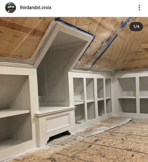 Knee Wall Cabinets Attic Storage, Attic Storage Organization Slanted Walls, Attic Renovation Storage, Closet Under Eaves Sloped Ceiling, Ideas For Attic Space, Open Attic Loft, Attic Build Out, Attic Kitchen Ideas Slanted Ceiling, A Frame Storage Ideas