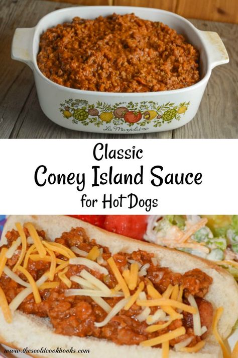 Classic Coney Island Sauce is an easy way to recreate your favorite drive-in treat.  Served over hot dogs and topped with cheese, this sauce is finger-licking good! #coneysauce #coneyislandsauce #coneydog #groundbeef Hotdog Chilli, Coney Island Hot Dog Sauce Recipe, Best Hot Dog Chili Recipe, Coney Dog Sauce, Chili Dog Sauce, Hot Dog Sauce Recipe, Coney Sauce, Hotdog Chili Recipe, Crispy Baked Shrimp