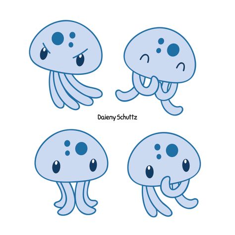 Jellyfish Illustration, Jellyfish Drawing, Blue Jellyfish, Cute Animal Drawings Kawaii, Kawaii Chibi, Chibi Drawings, Kawaii Doodles, Kawaii Animals, Cute Easy Drawings