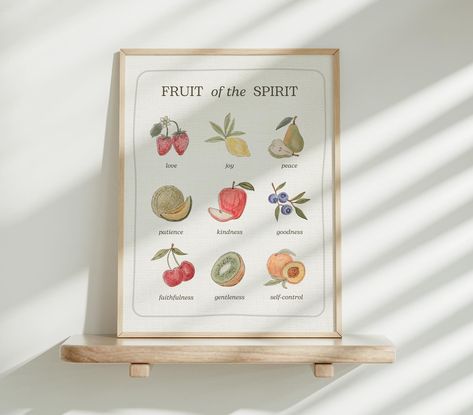 NEW! Now Available for Pre-Order! 🌿 This Fruit of the Spirit art print features 9 hand-painted watercolor illustrations, representing the fruits of the Spirit from Galatians 5:22-23. My hope is that these prints will be a meaningful reminder for both adults and children in playrooms, classrooms, school rooms, or nurseries. Printed on high-quality textured cotton rag paper (130#) for a fine art finish, each print comes protected in a cellophane sleeve and shipped flat in a rigid mailer. Av... Fruits Of Spirit Art, Fruit Of The Spirit Art, Fruits Of The Holy Spirit, Holy Spirit Art, The Fruits Of The Spirit, Galatians 5 22 23, Fruits Of The Spirit, Spirit Art, Love Joy Peace