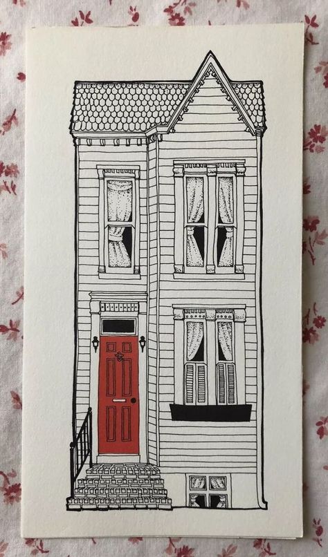 Vintage Greeting Card Invitation Victorian House by Artist Rachael Peden  | eBay Diy Purse Patterns, Venue Sketch, Victorian Illustration, Lino Art, Pen Art Drawings, House Sketch, House Illustration, Paper Vintage, Victorian House