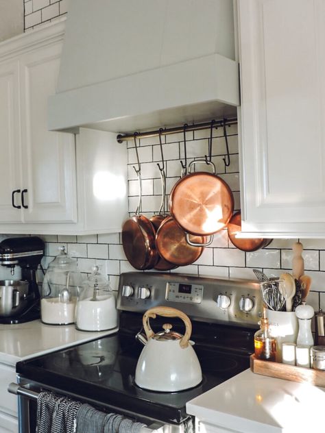 Tension Rod Pot Rack & Affordable Copper Pans - Berry Berry Quite Contrary Pot Rack Hanging Over Stove, Curtain Rod Pot Rack, Pot Rack Under Cabinet, Pot Hanger Over Stove, Copper Pots Over Stove, Kitchen Pan Hanging Rack, Vent Hood With Pot Rack, Pot Rack Behind Stove, Hanging Pans Above Stove