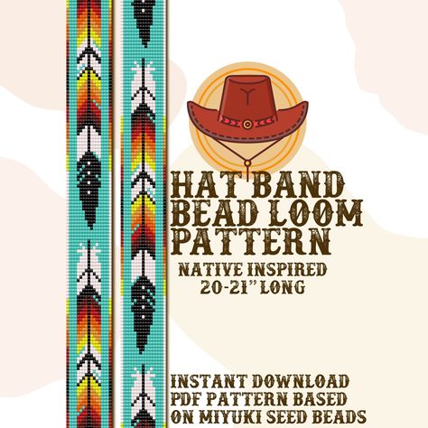 Feather hat band pattern - Hat Band Native Bead Loom Pattern - PDF instant download - based on Miyuki Seed Beads 11/0 Bead Loom Feather Pattern, Hat Band Patterns, Bead Loom Patterns Native, Beaded Loom Patterns, Seed Bead Loom Patterns Free, Loom Patterns Free, Beading Patterns Free Tutorials, Feather Hat Band, Beaded Belts Patterns