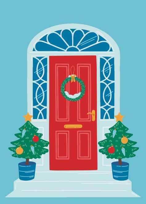 Red Christmas house door on a blue background. The entrance to the house is decorated with Christmas trees and a wreath. Vector artistic illustration for postcards, banners and print. Christmas Door Illustration, Simple Christmas Illustration, The Entrance To The House, Christmas Wreath Illustration, Door Illustration, Entrance To The House, Christmas Doors, Wreath Vector, Artistic Illustration