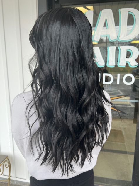 Dark Dark Brown Hair Black, Black Hair Wavy Medium, Long Black Hair With Dimension, Warm Toned Black Hair, Black Hair Inspo Color, Black Hair Layers Curtain Bangs, Dark Hair Styles Medium, Black Extensions Hair Long, Western Black Hair