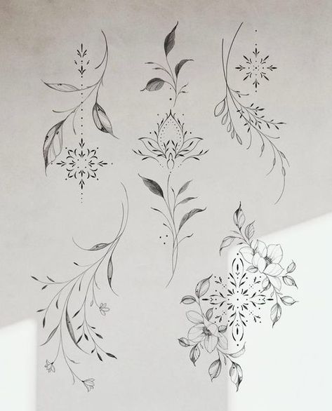 Mandala Lotus Flower Tattoo, Flower Vine Tattoos, Boho Tattoos, Floral Tattoo Sleeve, Floral Tattoo Design, Unique Tattoo Designs, Spine Tattoos, Elegant Tattoos, Flower Tattoo Designs