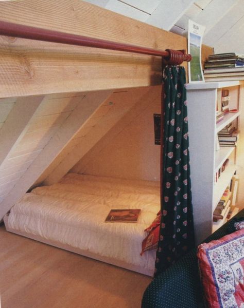 Alcove Bed Slanted Ceiling, Under Eaves Bed, Beds Under Eaves, Eaves Bed, Kids Attic Bedroom, Eaves Bedroom, Attic Room Ideas, Attic Bed, Attic Bedroom Storage