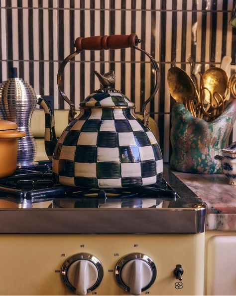 Checkered kettle Yellow Kitchen Cabinets, Courtly Check, Yellow Kitchen, Mackenzie Childs, House Room, Tea Kettle, Dream House Decor, Interior Inspo, Dream Home Design