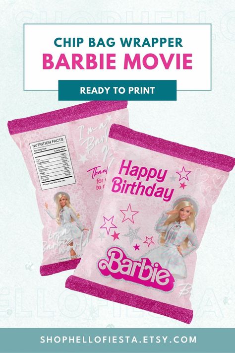 Barbie Movie Party Favor Chip Bags Barbie Party Packs Ideas, Chip Bag Design Ideas, Birthday Chip Bag Ideas, Barbie Chip Bag Template, Barbie Chip Bag, Barbie Party Favors, Printable Barbie, Printable Party Favors, Barbie The Movie