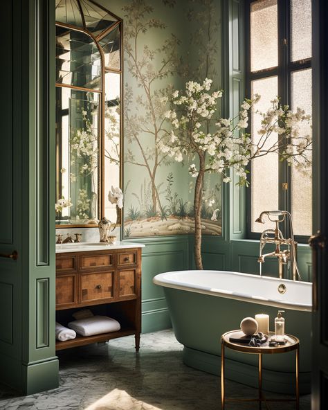 A Very Regal Bathroom with Wallpaper and Panelling Victorian Tiles Bathroom, Baie Vintage, Aesthetic Interior Design, Interior Design Per La Casa, Green Walls, Bathroom Design Luxury, Green Bathroom, Bathroom Layout, Bathroom Wall Decor