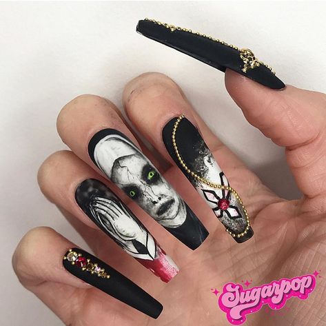 The Nun Halloween Nails, Nun Halloween Nails, Horror Theme Nails, Horror Themed Nails, Crazy Halloween Nails, Horror Movie Nails, Ghostface Nails, Black And White Character, Theme Nails