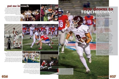 Sports Yearbook Pages, Football Yearbook Pages, Sports Yearbook Spreads, Cheer Yearbook Spread, Football Yearbook Spread, Yearbook Design Layout Creative, Sports Yearbook, Yearbook Spread Ideas, Football Layout