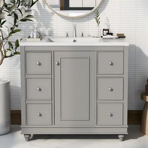 36 Inch Solid Wood Frame Freestanding Bathroom Vanity Set with Adjustable Shelf - On Sale - Bed Bath & Beyond - 40103820 Contemporary Grey Bathrooms, Store Towels, 36 Inch Bathroom Vanity, 36 Bathroom Vanity, Freestanding Bathroom Cabinet, Grey Bathroom Vanity, Bathroom Vanity Cabinet, Faucet Design, Bathroom Vanity Base