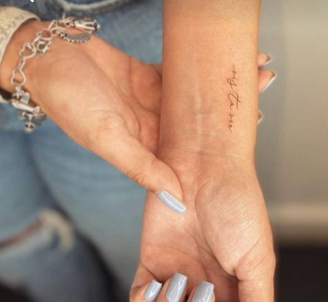 Wrist Dainty Tattoo, Live And Love Tattoo, Wrist Tattoo Placement Writing, Small Tattoo Placement Wrist, Small Tattoos Side Of Wrist, Tatoos Write, Writing Wrist Tattoos For Women, Tiny Lettering Tattoo, Inspiration Word Tattoos