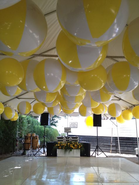 fun summer party decor-I'm not sure that they are filled with helium, as I'm not sure that they would stay afloat, but we could string them from their tabs if we like it and can do it cheaply. Beach Balls Decorations, Vintage Beach Party Decor, Beach Ball Decorations, Beach Ball Party, Post Prom, Prom Themes, Summer Party Decorations, Beach Birthday, Water Party