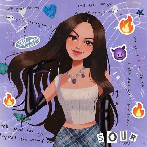 Olivia Rodrigo Digital Art, Oliva Rodrigo Drawing, Olivia Rodrigo Cartoon, Olivia Rodrigo Fan Art, Olivia Rodrigo Fanart, Too Emotional, Purple Cartoon, Good 4 U, Olivia Lyrics