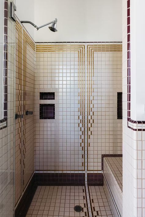 1920 Bathroom 1920s Style, 1920 Bathroom, Eric Lloyd, Frank Lloyd Wright Interior, Concrete Fireplace, Los Angeles Real Estate, Mosaic Bathroom, Townhouse Designs, Colourful Tile