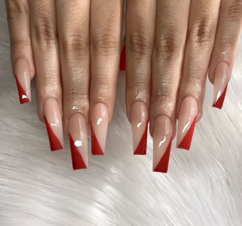 Red V French Tip Nails, Queen Nails Designs, V French Tip Nails, V French Tip, Burgundy Acrylic Nails, Nails With Red, Queen Nails, Red Acrylic Nails, Glamour Nails