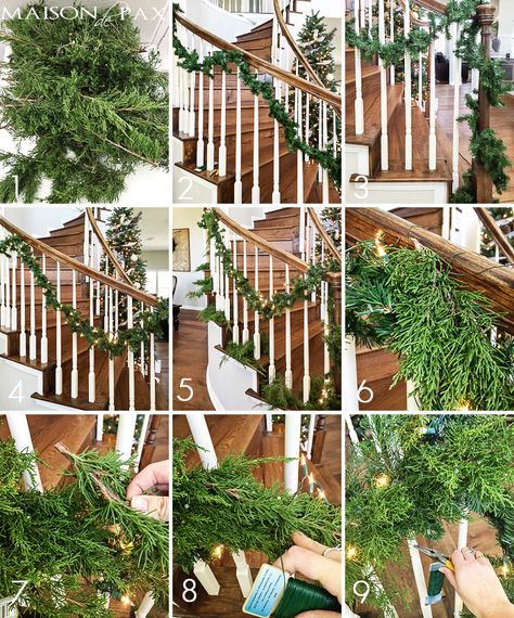 How to Make Cheap Garland Look Expensive - This is so beautiful and so easy! DIY cedar garland makes a gorgeous Christmas decoration in your holiday home | maisondepax.com Diy Cedar Garland, Cheap Garland Look Expensive, Christmas Staircases, Cedar Garland, Christmas Stairs, Christmas Staircase, Diy Christmas Garland, Ideas Navidad, Look Expensive