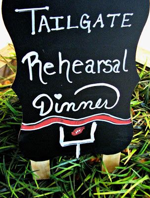 football, tailgate, party, decor, wedding, rehearsal Football Themed Rehearsal Dinner, Sports Themed Rehearsal Dinner, Tailgate Rehearsal Dinner, Football Themed Wedding Reception, Tailgate Party Decor, Tailgate Wedding, Tailgate Party Decorations, Football Wedding Theme, Football Tailgate Party